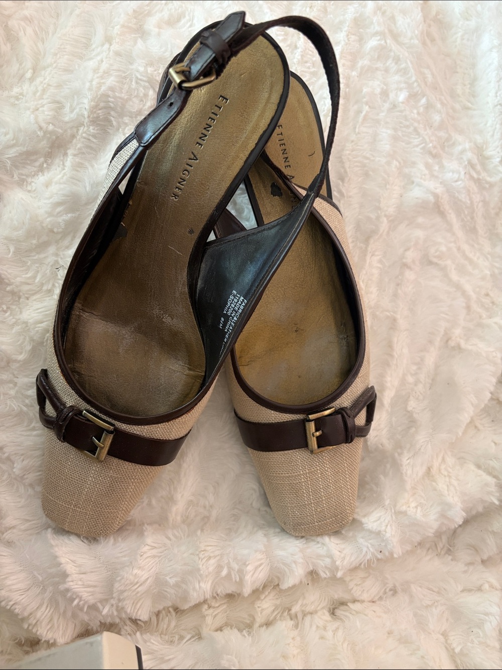 Etienne Aigner Beige and Brown Slingback Mules with Buckle